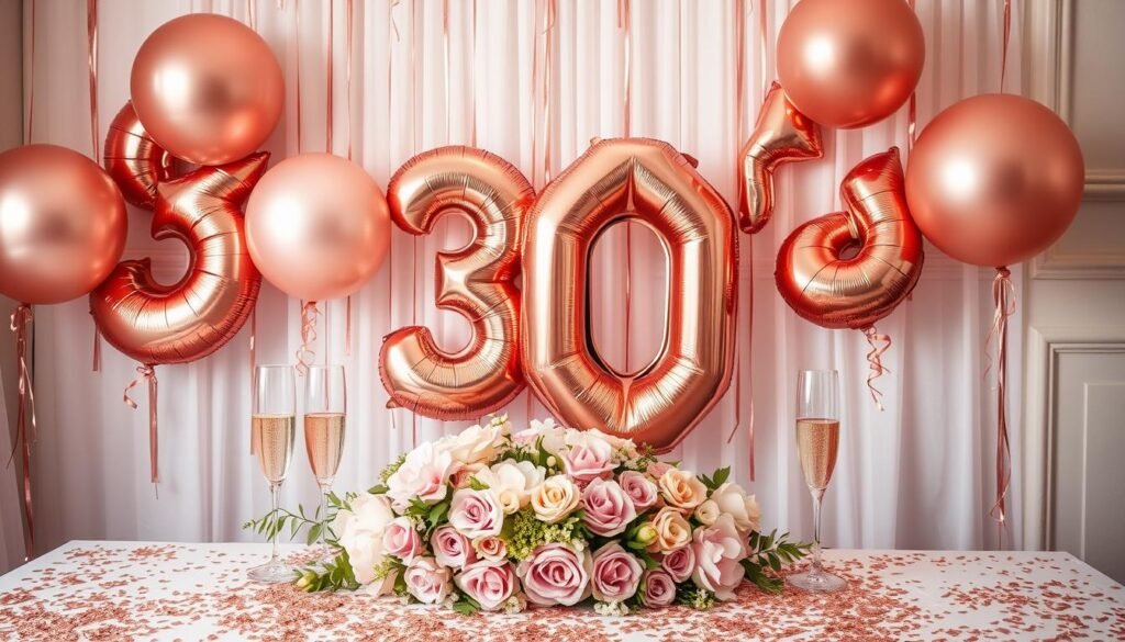 Rose gold themed 30th birthday party setup with balloons, flowers, and decorative elements Rose gold themed 30th birthday party setup with balloons, flowers, and decorative elements