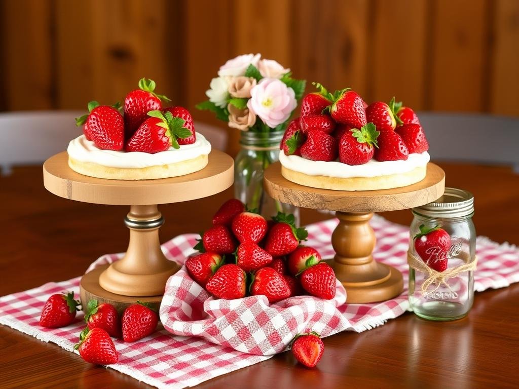 Rustic farmhouse style strawberry shortcake centerpiece with wooden elements and gingham fabric