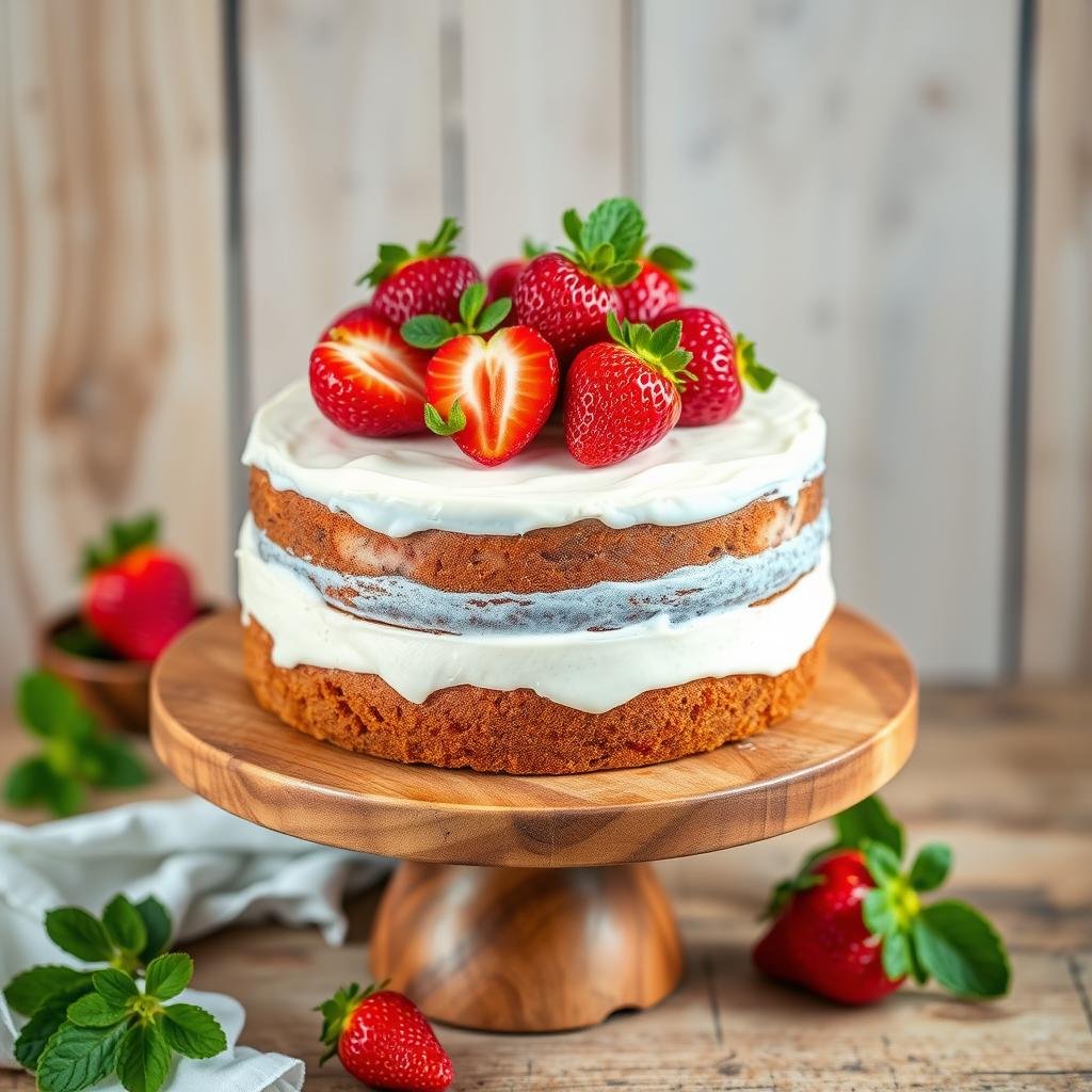 Rustic homemade strawberry cake with naked frosting style Rustic homemade strawberry cake with naked frosting style