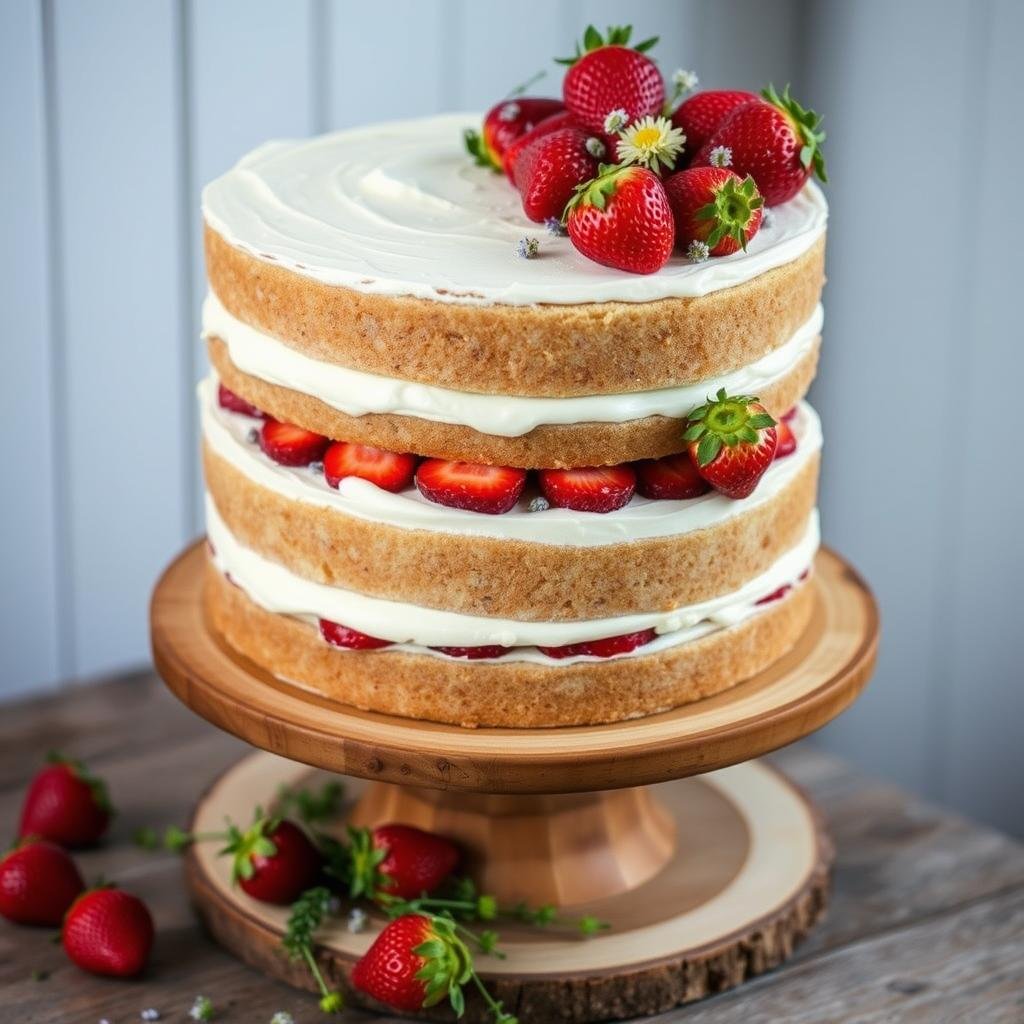 Rustic naked cake with fresh strawberries and flowers