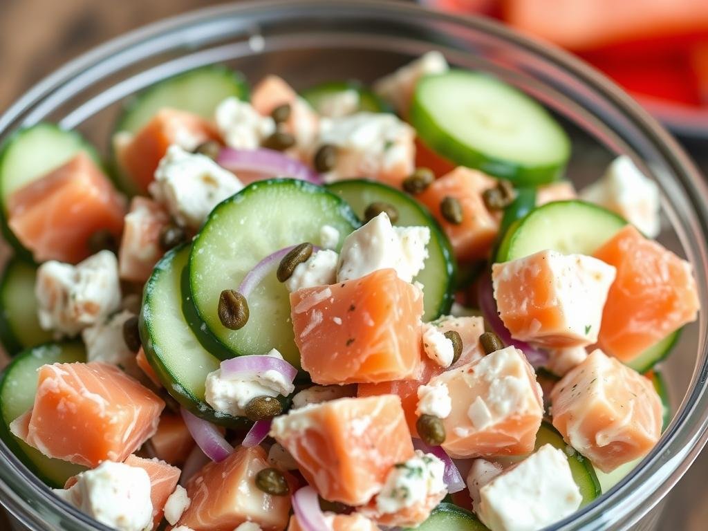 Salmon bagel inspired cucumber salad with cream cheese and smoked salmon