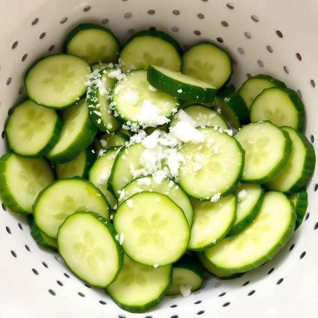 Salted cucumber slices draining in a colander to remove excess moisture Salted cucumber slices draining in a colander to remove excess moisture