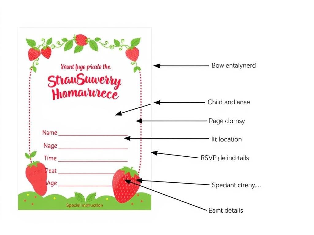 Sample strawberry shortcake invitation showing proper layout of essential party information Sample strawberry shortcake invitation showing proper layout of essential party information
