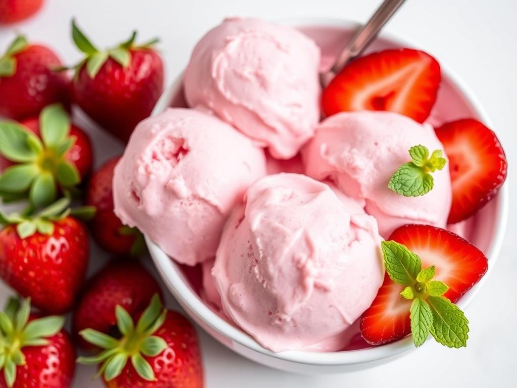 Scoops of pink strawberry nice cream in a bowl with fresh strawberry garnish