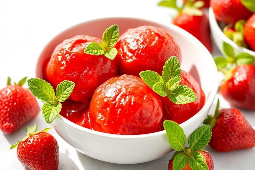 Scoops of vibrant red strawberry sorbet in a bowl with mint garnish