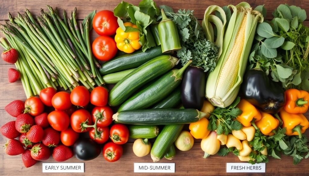 Seasonal produce arranged by early, mid, and late summer availability