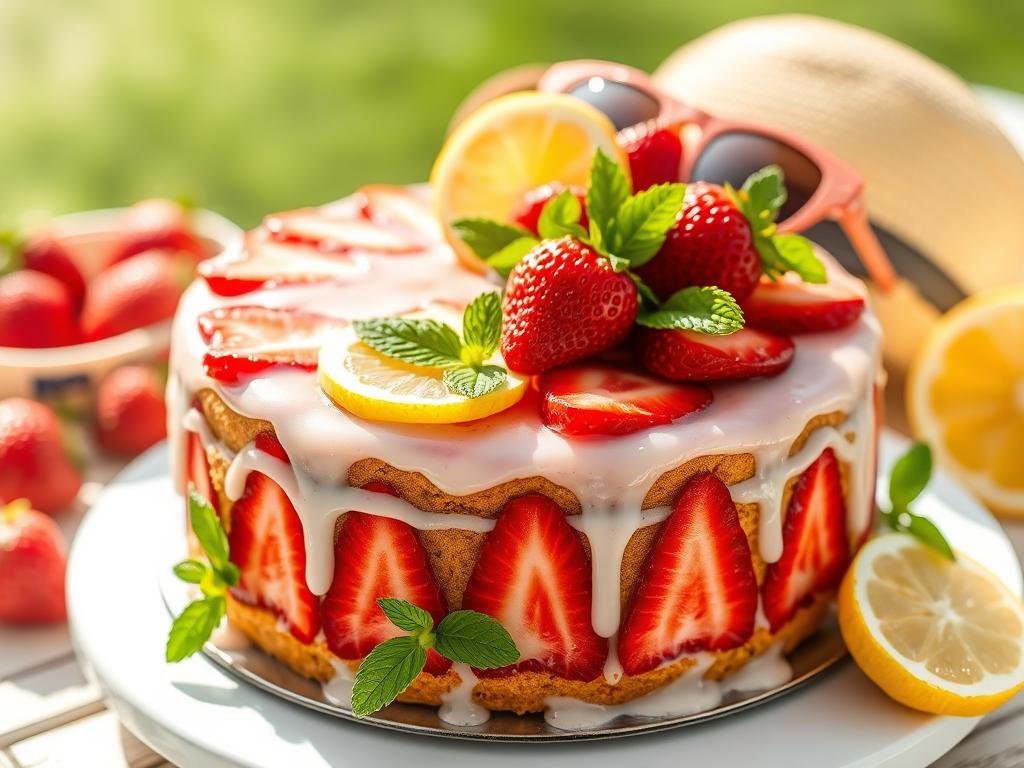 Seasonal strawberry cake with summer theme featuring fresh berries and citrus accents