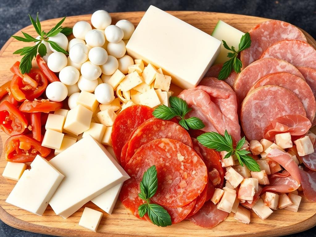 Selection of Italian cheeses and cured meats for pasta salad