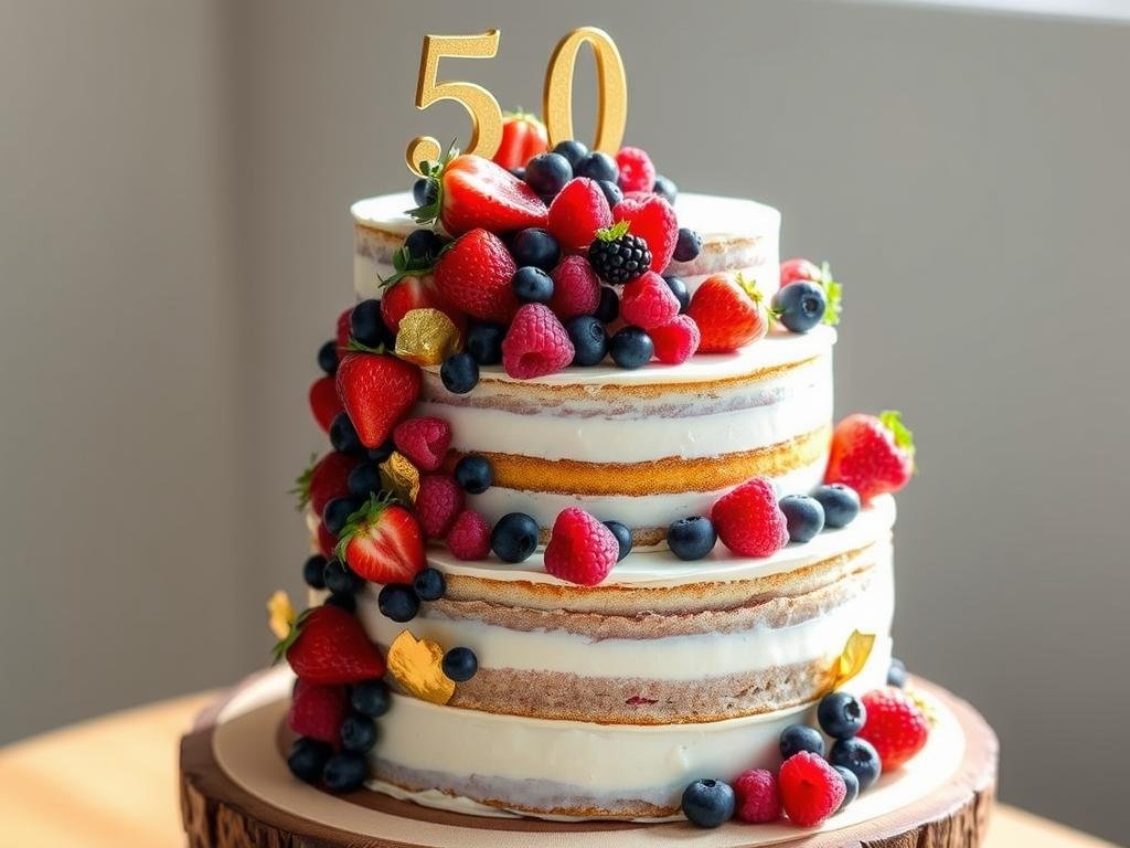 Semi-naked 50th birthday cake decorated with berries and gold decorations Semi-naked 50th birthday cake decorated with berries and gold decorations