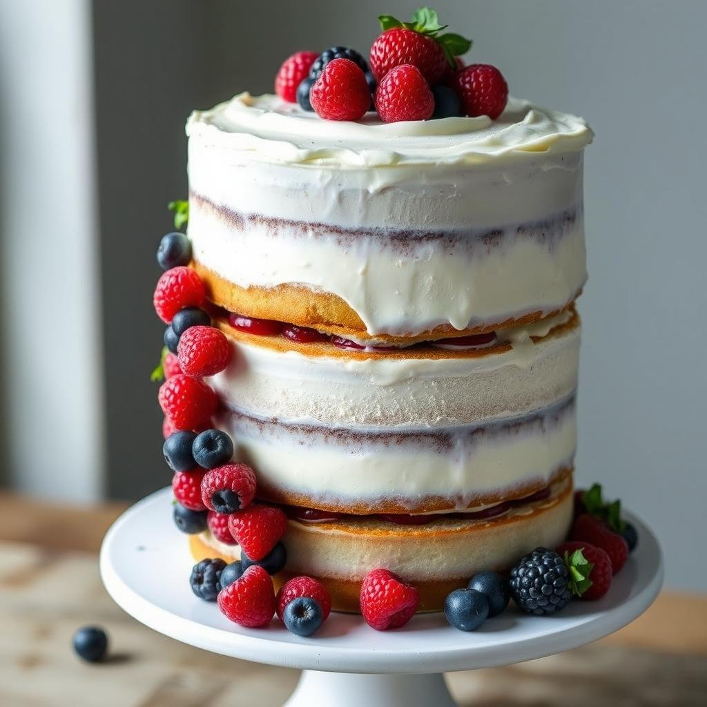 Semi-naked cake with visible layers and fresh berries