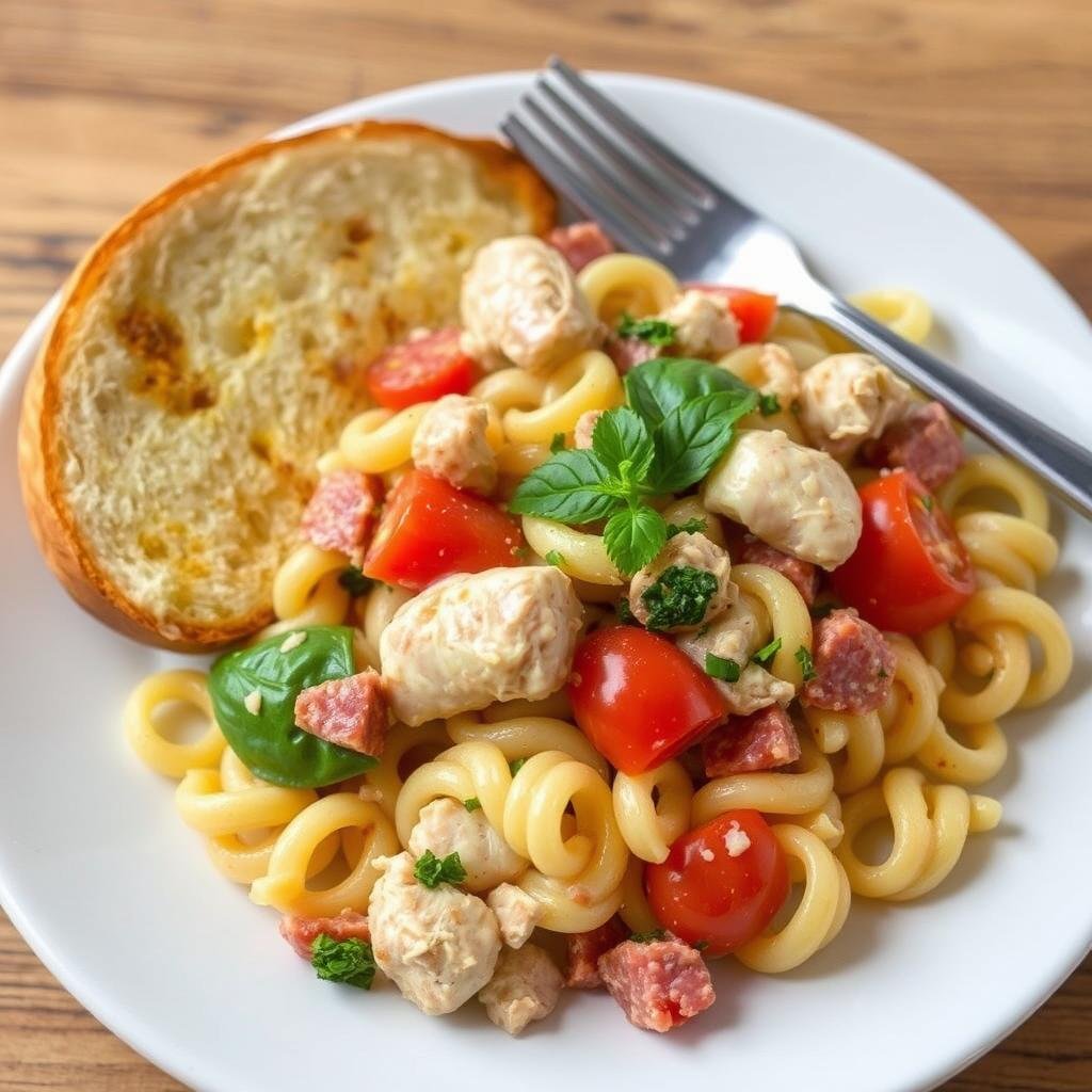 Serving of Italian chicken pasta salad on a plate with garlic bread