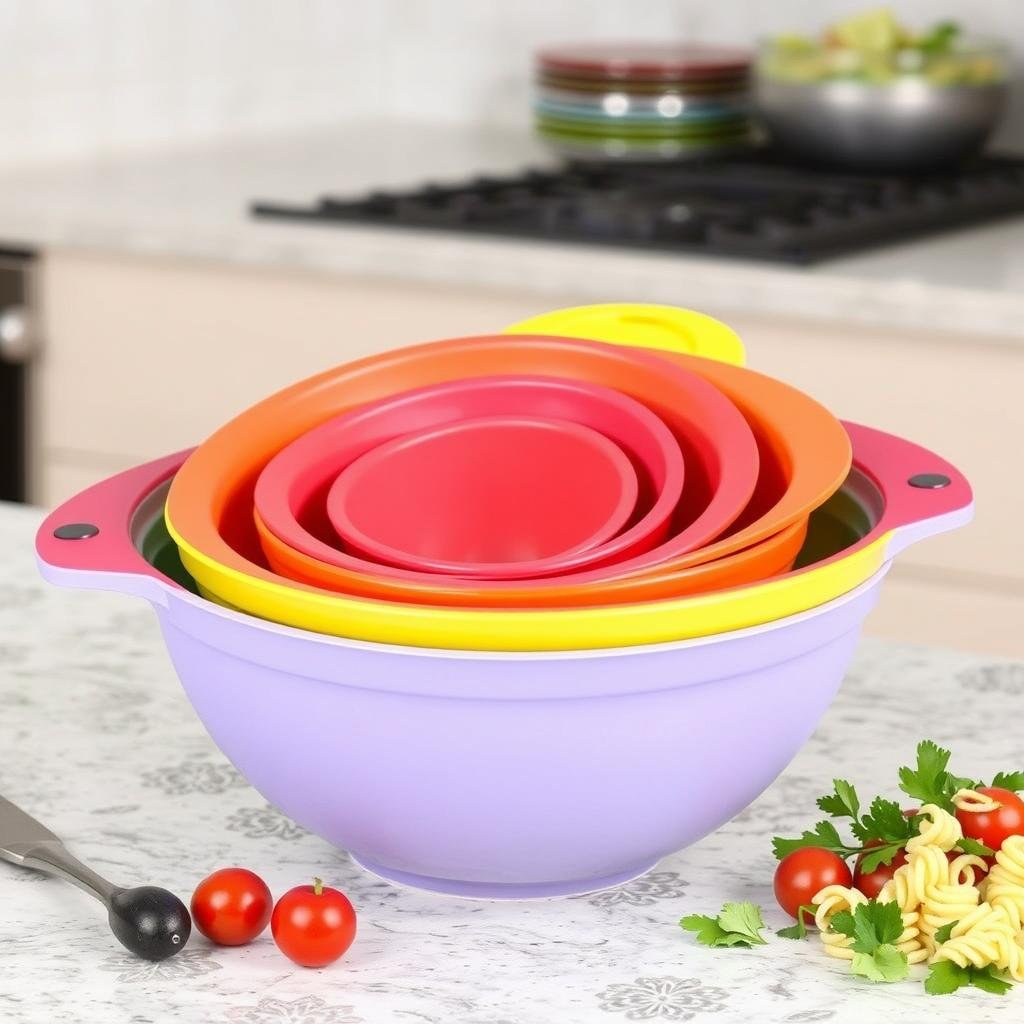Set of mixing bowls in various sizes for pasta salad preparation