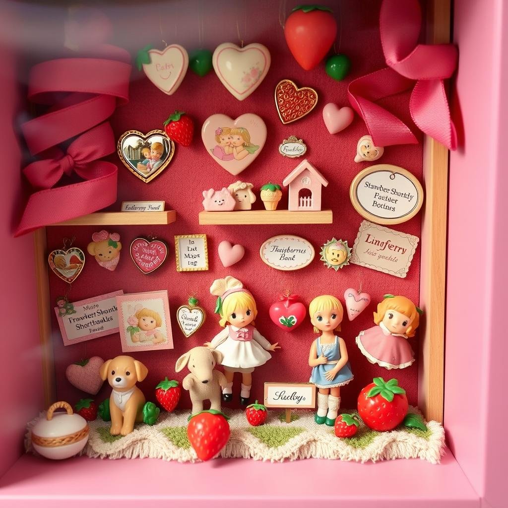 Shadow box display of vintage Strawberry Shortcake miniatures and memorabilia
