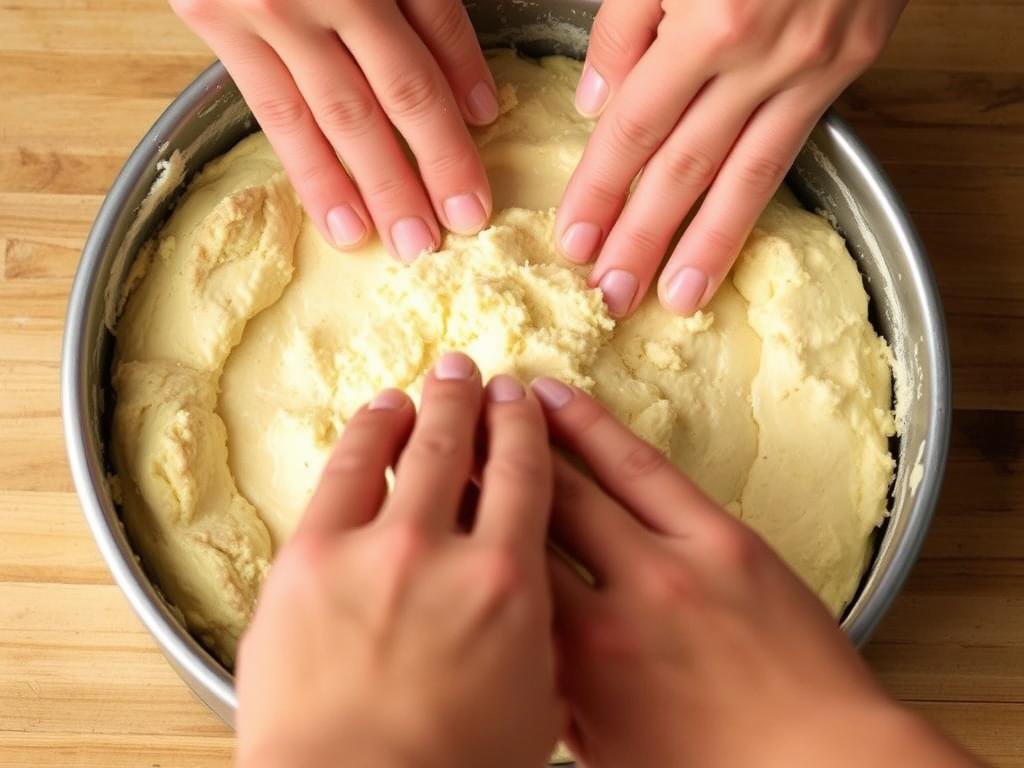 Shortcake layer being pressed into the bottom of a springform pan