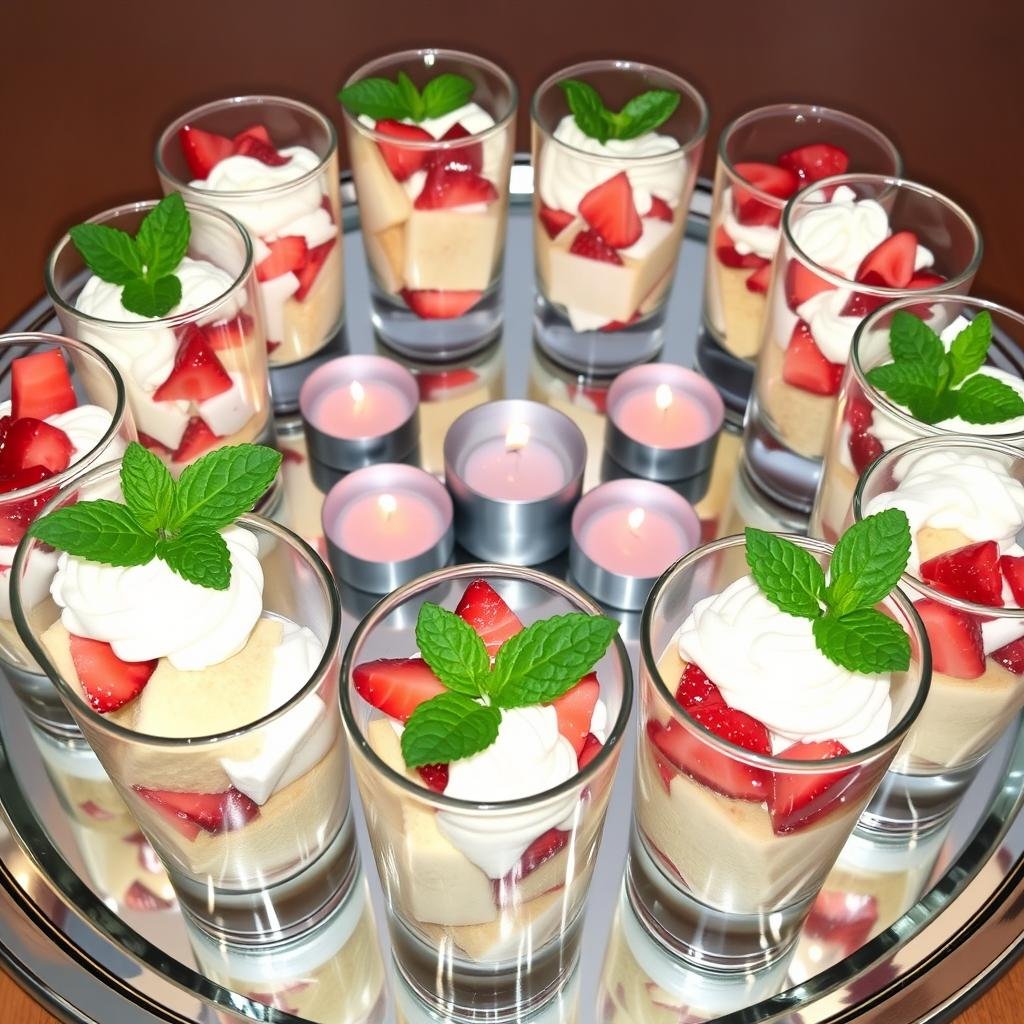 Shot glass strawberry shortcake desserts arranged in a centerpiece pattern