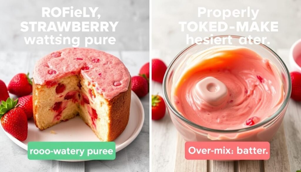 Side-by-side comparison of common strawberry cake mistakes and correct techniques Side-by-side comparison of common strawberry cake mistakes and correct techniques