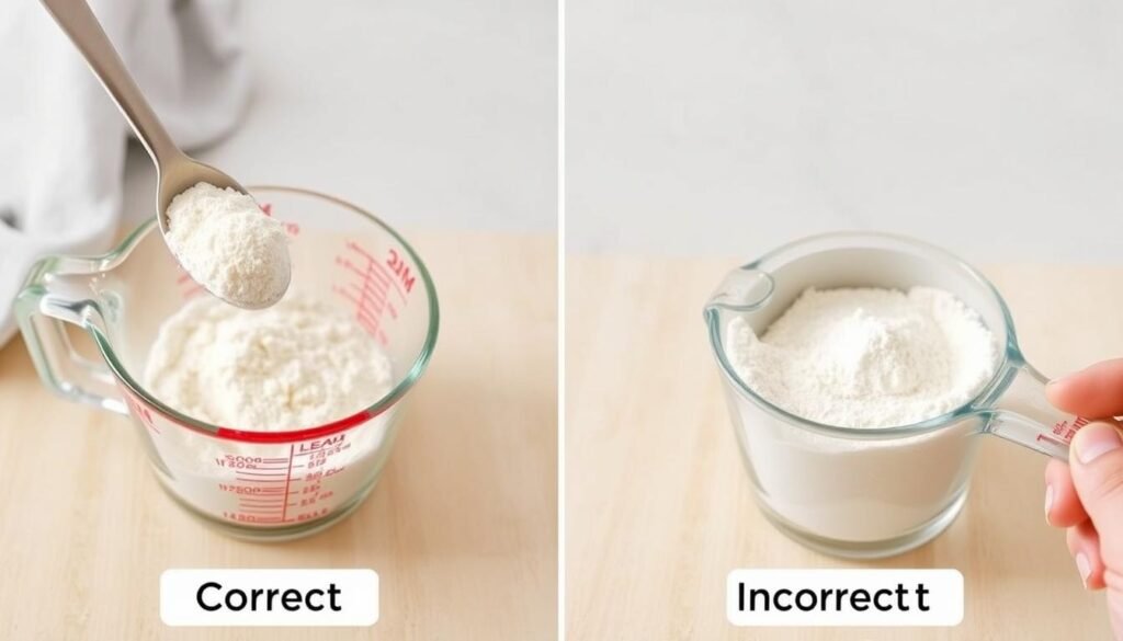 Side-by-side comparison of properly and improperly measured flour for baking Side-by-side comparison of properly and improperly measured flour for baking