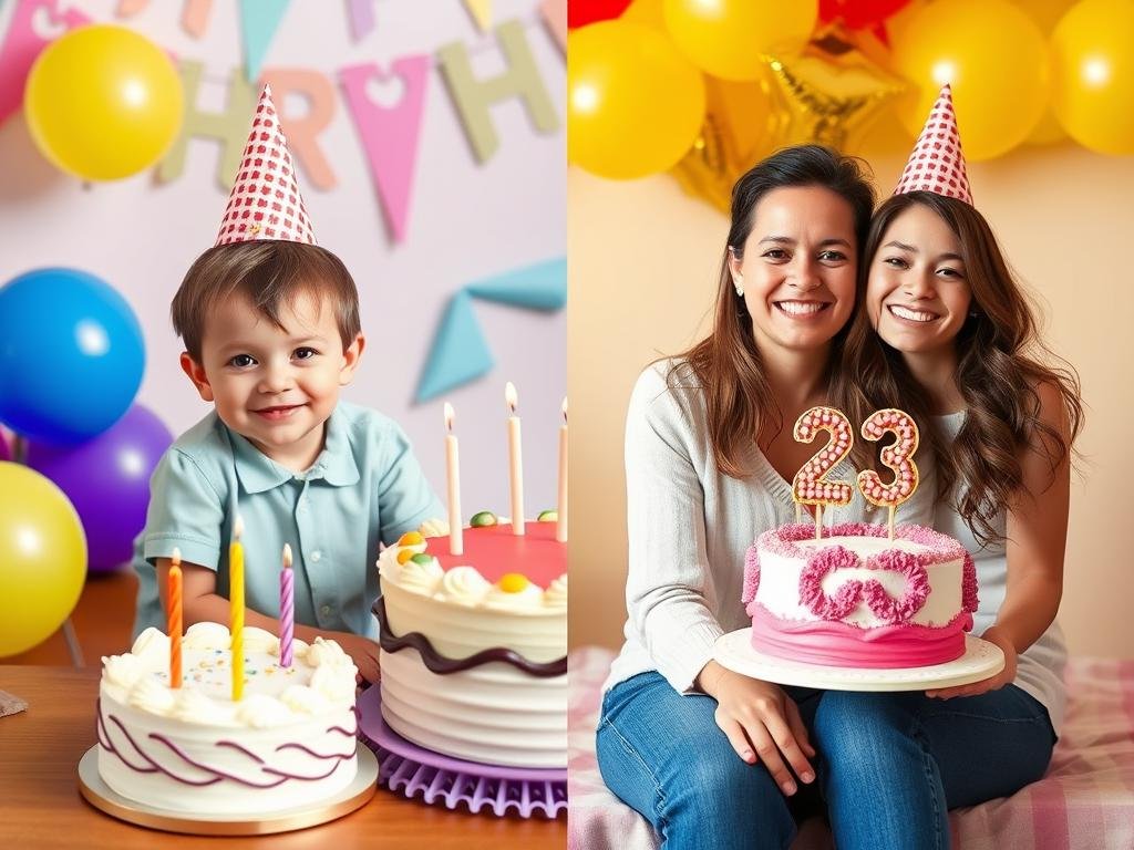 Side-by-side recreation of childhood birthday photo for 23 birthday photoshoot