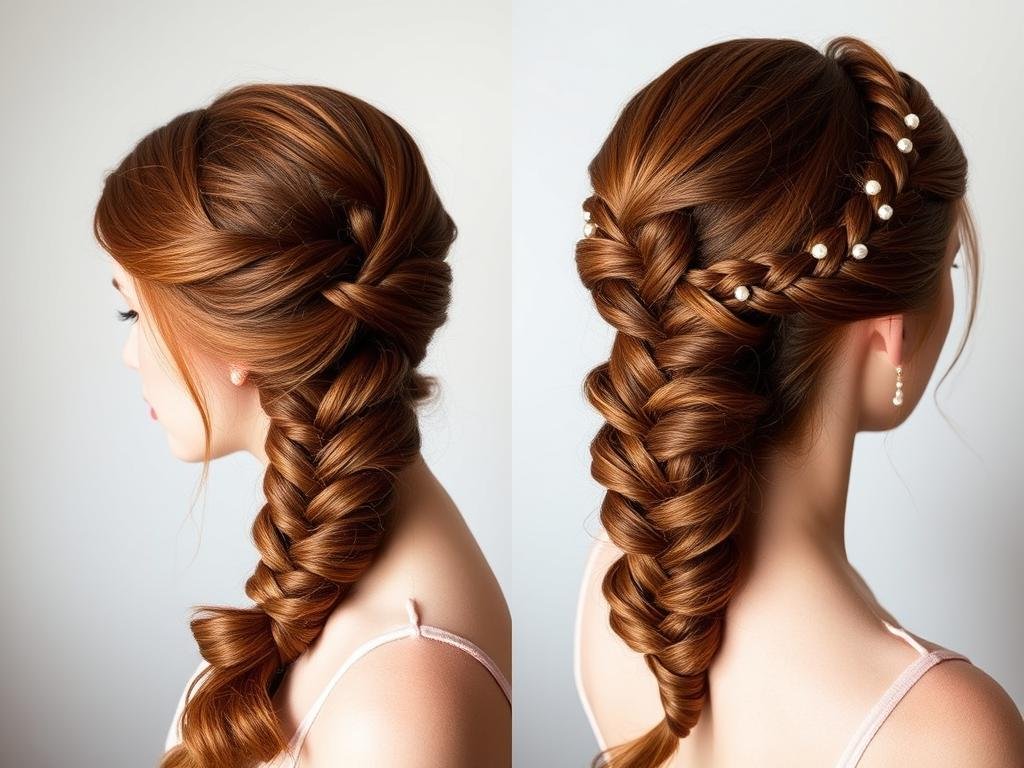 Side fishtail braid sweet 16 hairstyle with pearl pins
