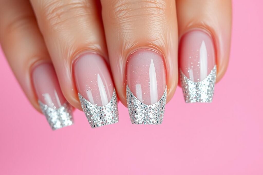 Silver glitter French tip 21st birthday nails