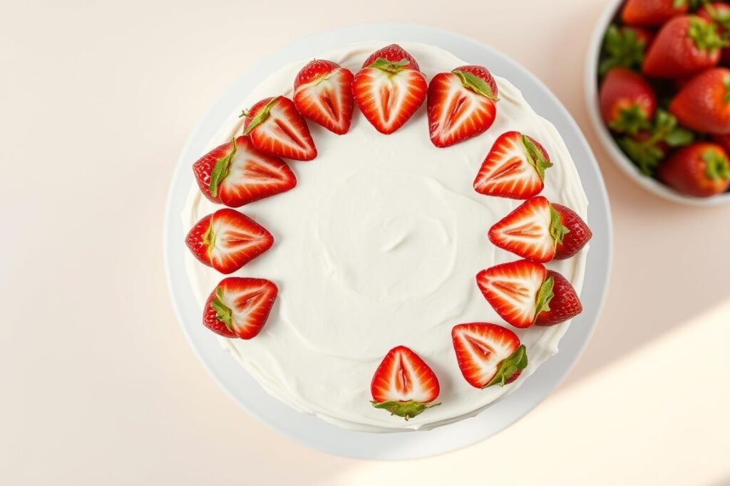 Simple cake with fresh strawberries arranged in a circular pattern on top