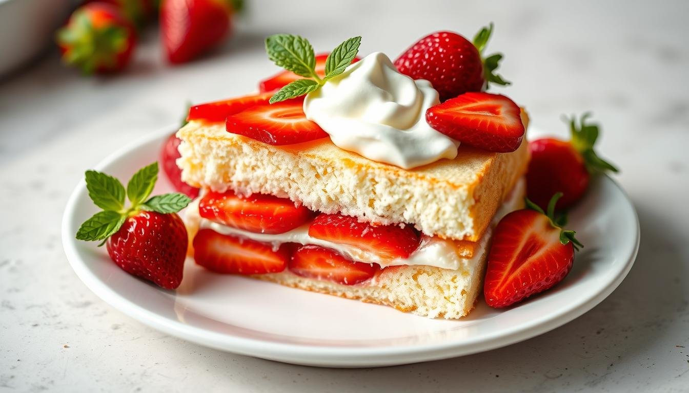 Slice of angel cake strawberry shortcake with fresh berries and whipped cream