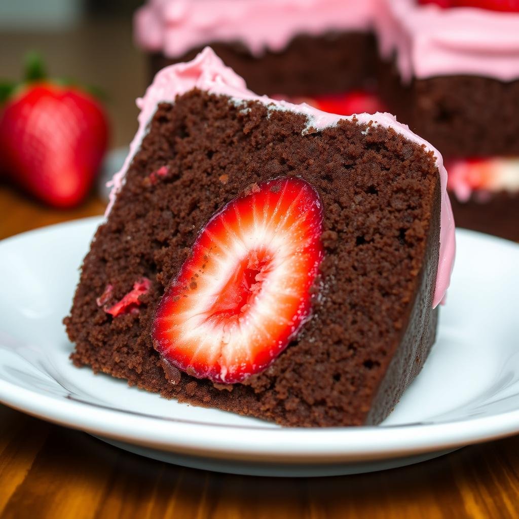 Slice of chocolate strawberry cake showing layers