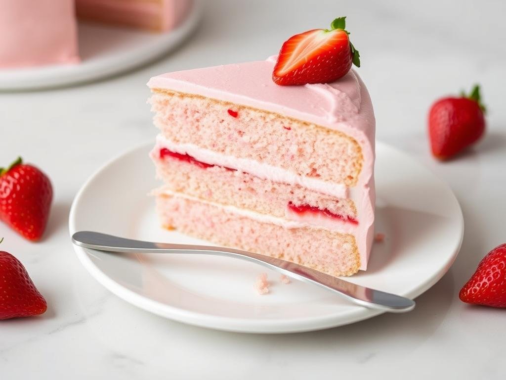 Slice of fresh strawberry cake being served on a plate