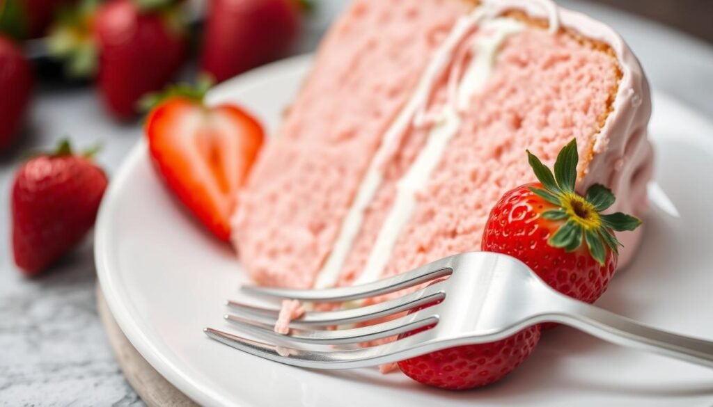 Slice of homemade strawberry cake on a plate with a fork and fresh strawberries Slice of homemade strawberry cake on a plate with a fork and fresh strawberries