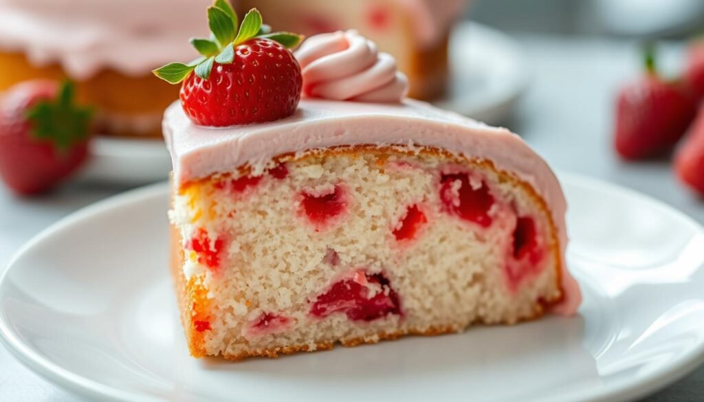 Slice of homemade strawberry cake showing moist interior with real strawberry pieces