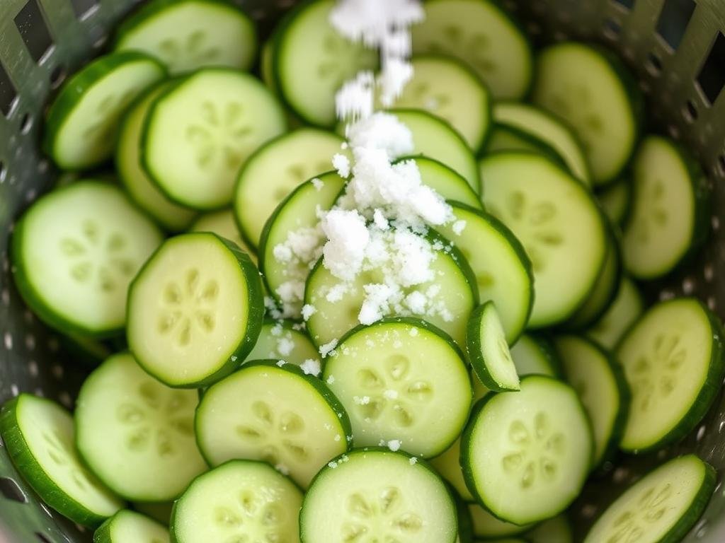 Sliced cucumbers being salted in a colander