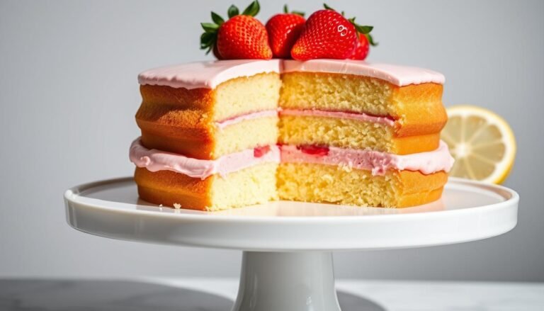 Sliced lemon strawberry cake showing moist layers with strawberry frosting between them