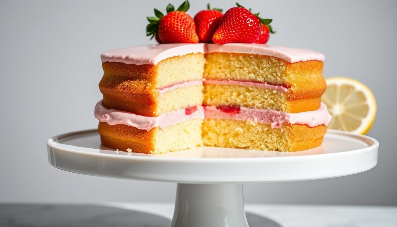 Sliced lemon strawberry cake showing moist layers with strawberry frosting between them