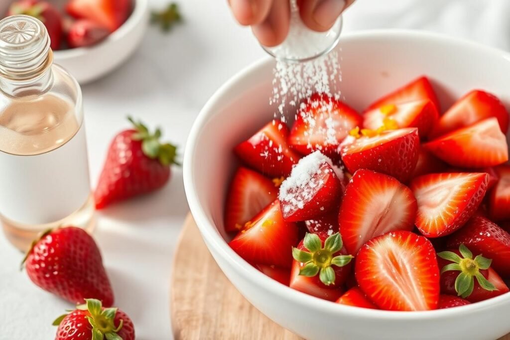 Sliced strawberries being macerated with sugar and orange blossom water