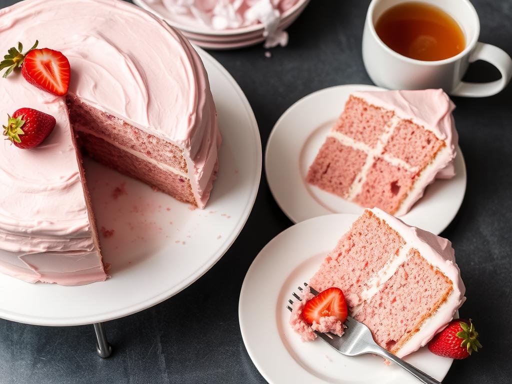 Sliced strawberry cake being served on plates