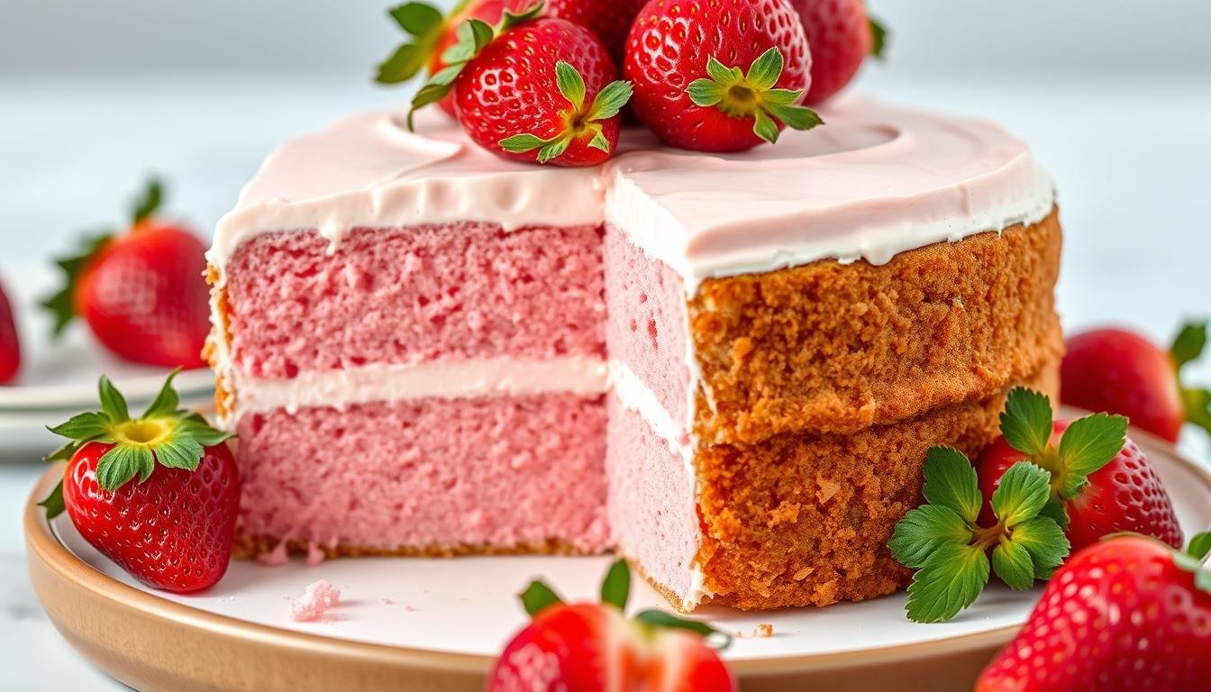 Sliced strawberry cake showing moist pink layers with strawberry cream cheese frosting