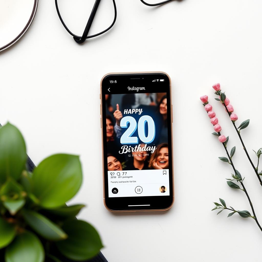 Smartphone displaying Instagram post with 20th birthday hashtags