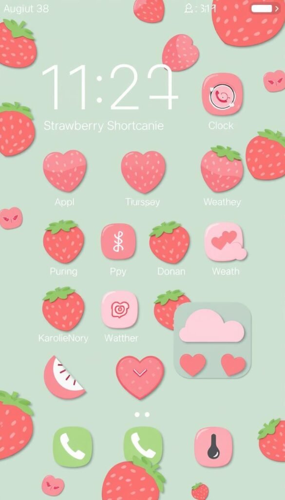 Smartphone home screen with strawberry shortcake aesthetic custom app icons