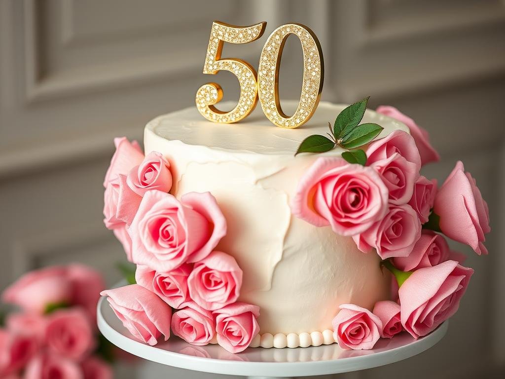 Sophisticated floral 50th birthday cake with cascading roses and gold number topper Sophisticated floral 50th birthday cake with cascading roses and gold number topper