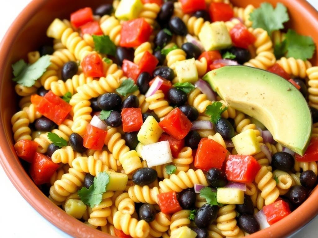 Southwest black bean pasta salad with corn, avocado, and lime dressing