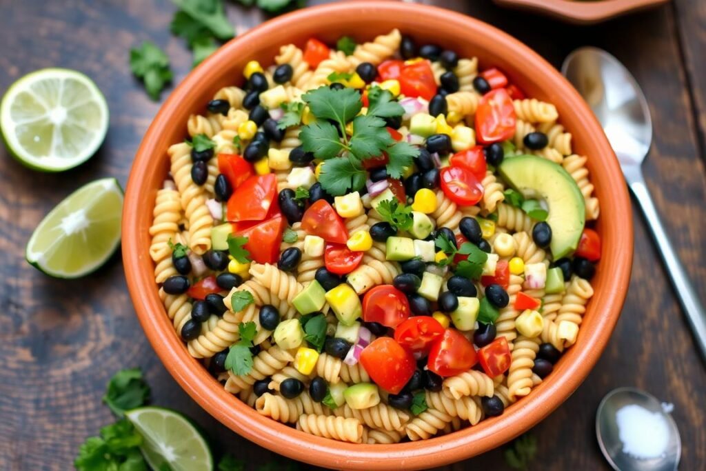 Southwest-inspired pasta salad with black beans, corn, avocado, and lime dressing