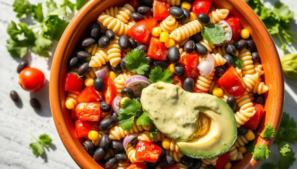 Southwest pasta salad with black beans, corn, and avocado lime dressing