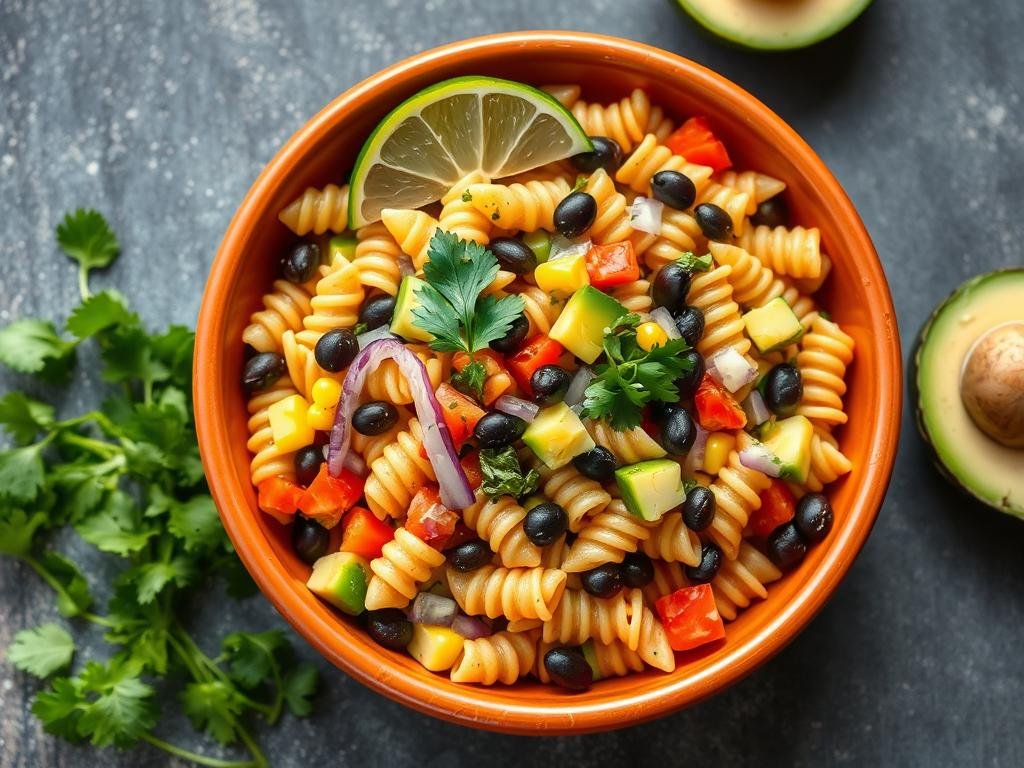 Southwestern pasta salad with black beans, corn, and avocado