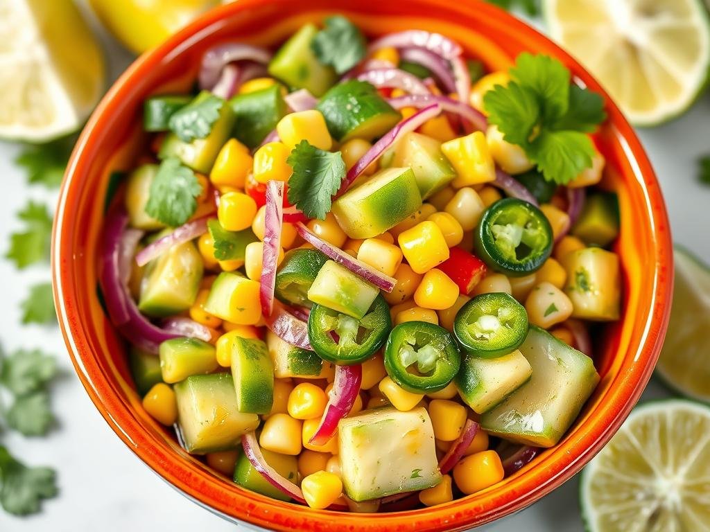 Spicy Mexican cucumber salad with lime, jalapeño, and cilantro in a colorful bowl