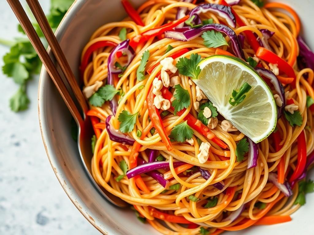 Spicy Thai noodle salad with colorful vegetables and peanut dressing