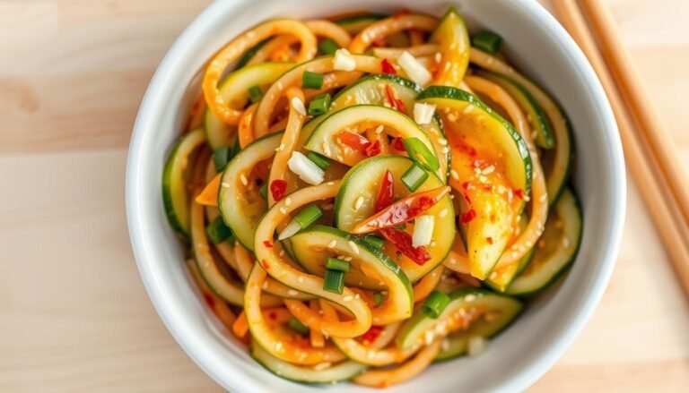 Spicy cucumber salad in a white bowl garnished with sesame seeds and red pepper flakes