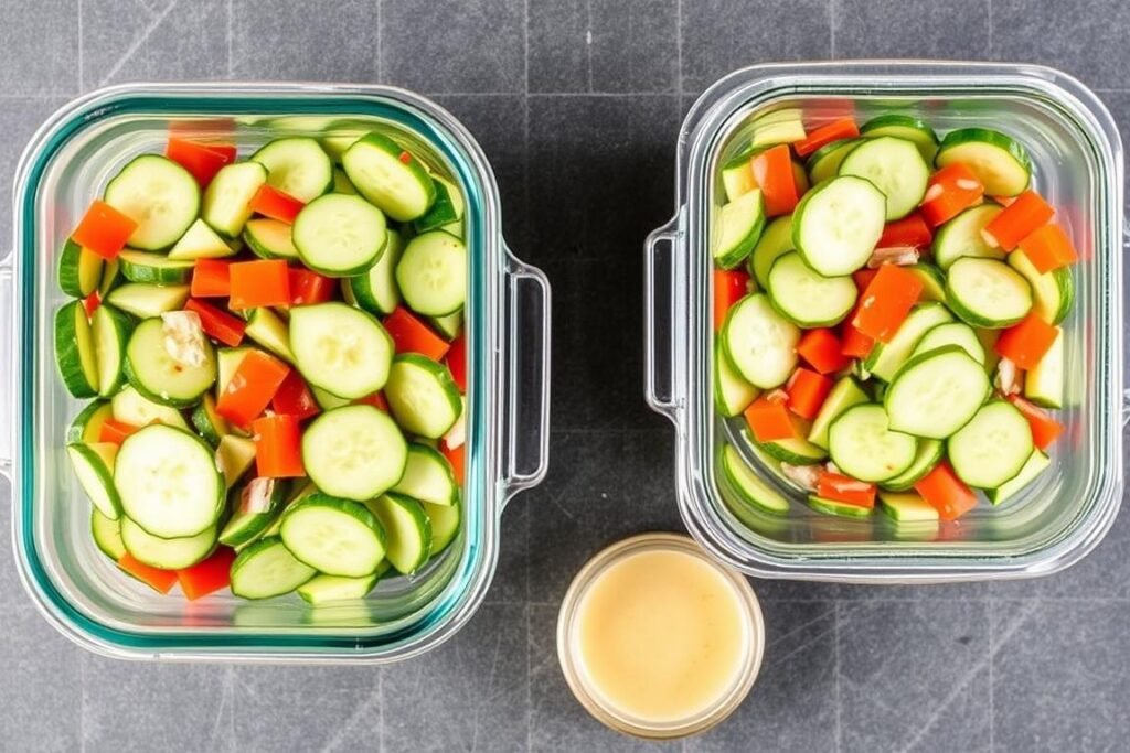 Spicy cucumber salad in glass storage containers