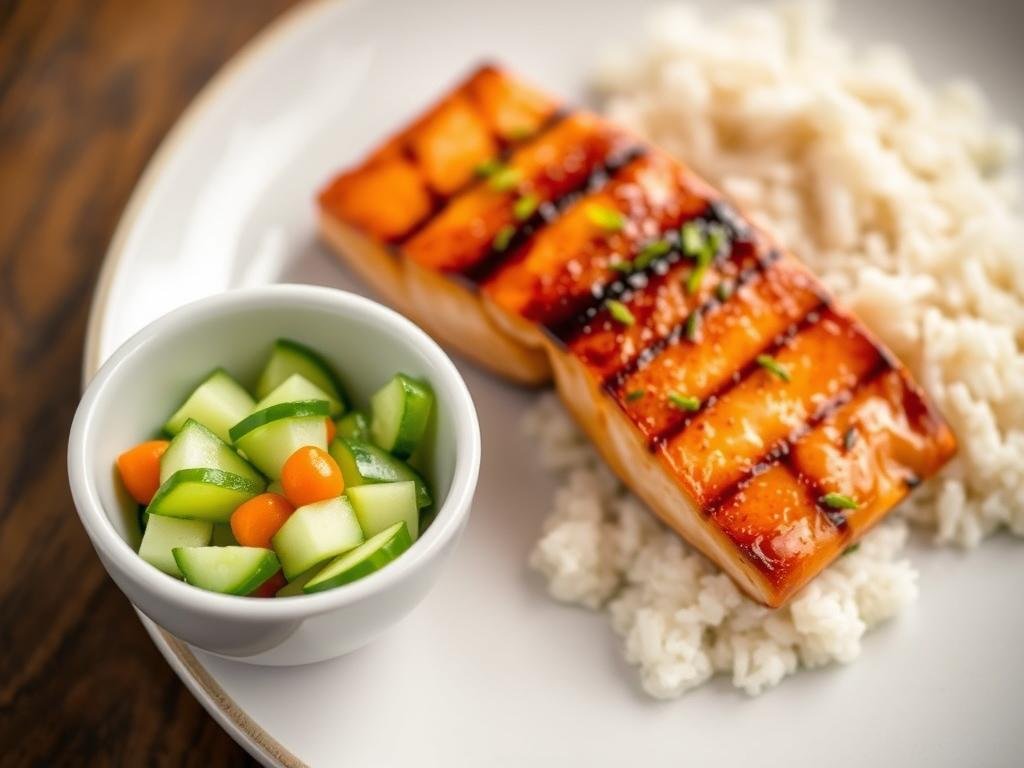 Spicy cucumber salad served alongside grilled teriyaki salmon