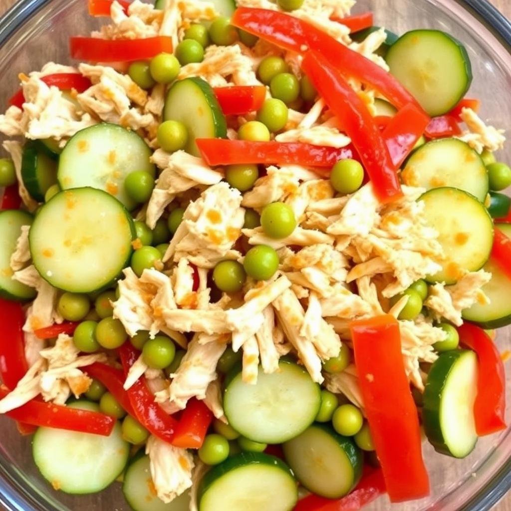 Spicy cucumber salad with added protein like shredded chicken
