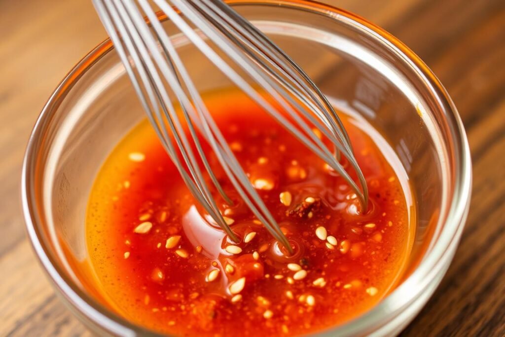 Spicy dressing being whisked in a small bowl